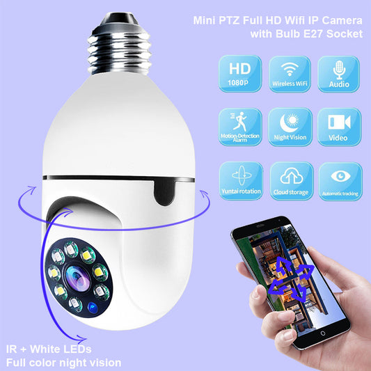 360° Smart WiFi Bulb Security Camera – 1080P HD, 4X Zoom, 5G WiFi, Motion Alarm