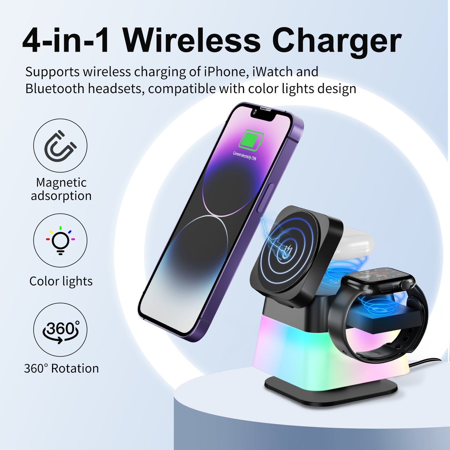 4-in-1 Rotatable Magnetic Wireless Charging Station with Colorful LED Lighting – Fast Charging Stand for iPhone 15, 14, 13, 12 Pro Max, 8, 7 & More!